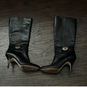 Michael Kors Black Leather Knee-High Heeled Boots with Gold MK Accent